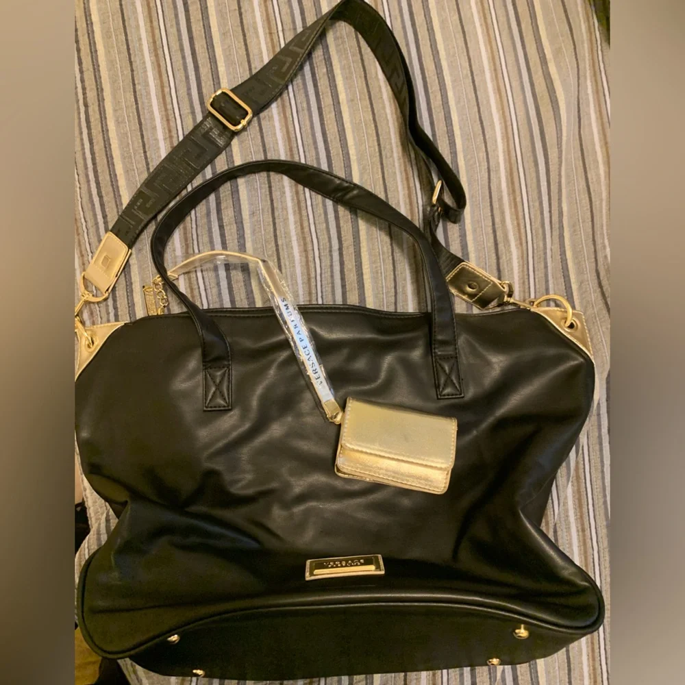NWOT Versace Parfumes Black Crossbody Gold Chain Tote with Detachable Gold Case